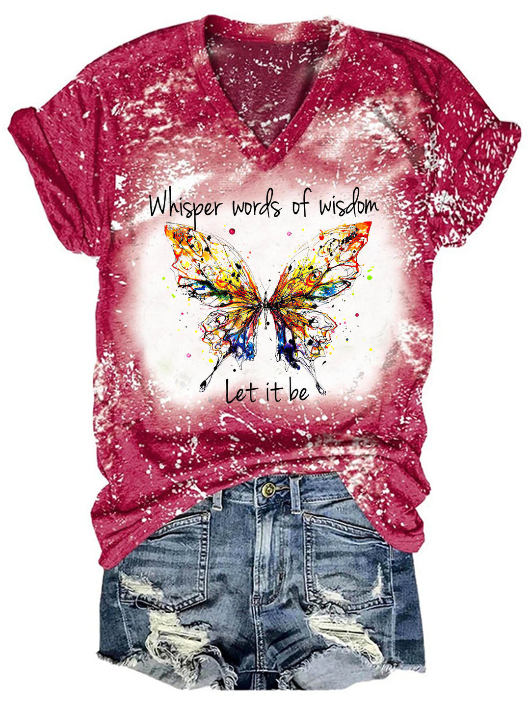 Tie Dye Whisper Words Of Wisdom Let It Be Butterfly V-Neck Shirt