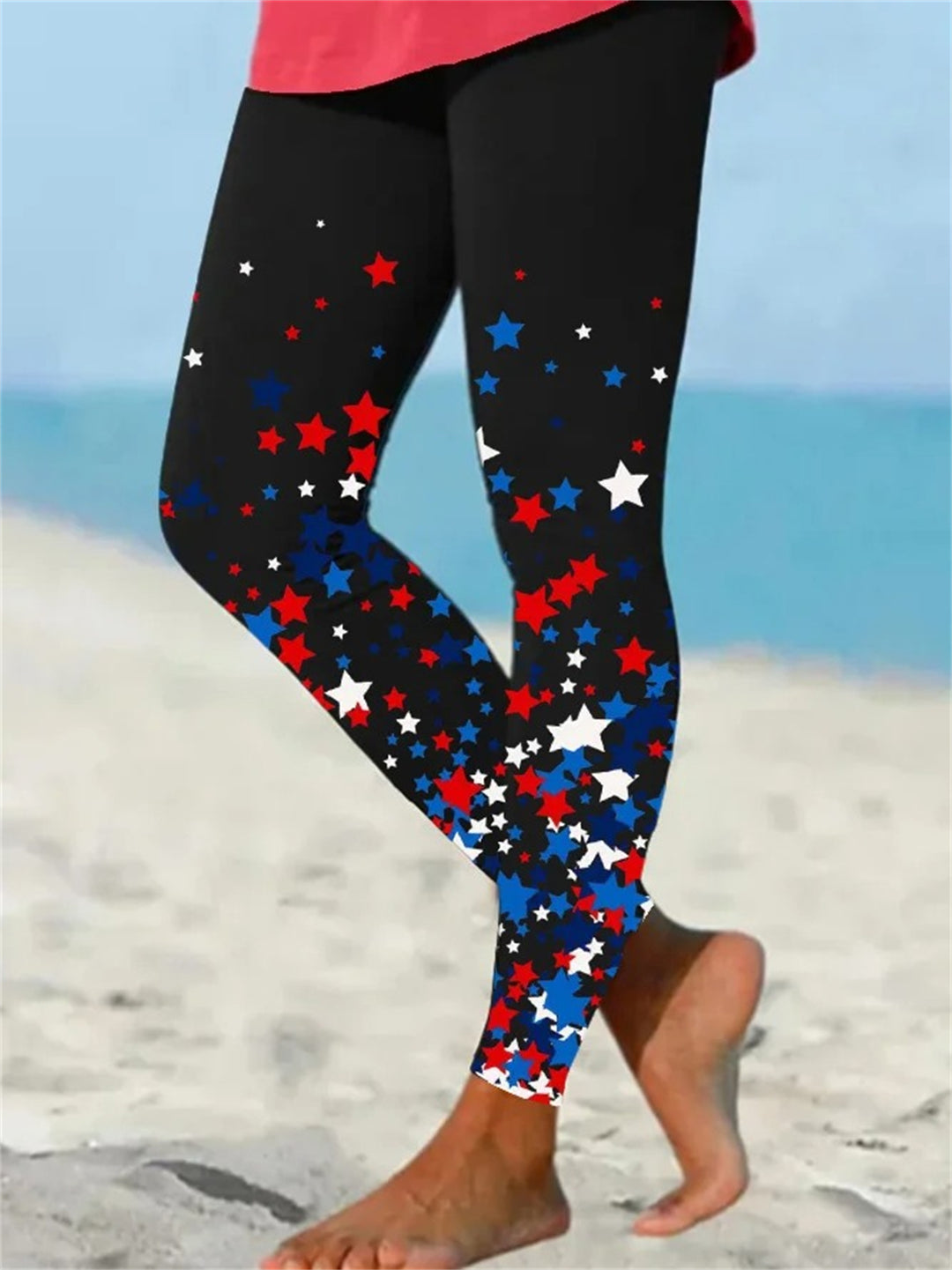 Blue Red White Stars Print Leggings