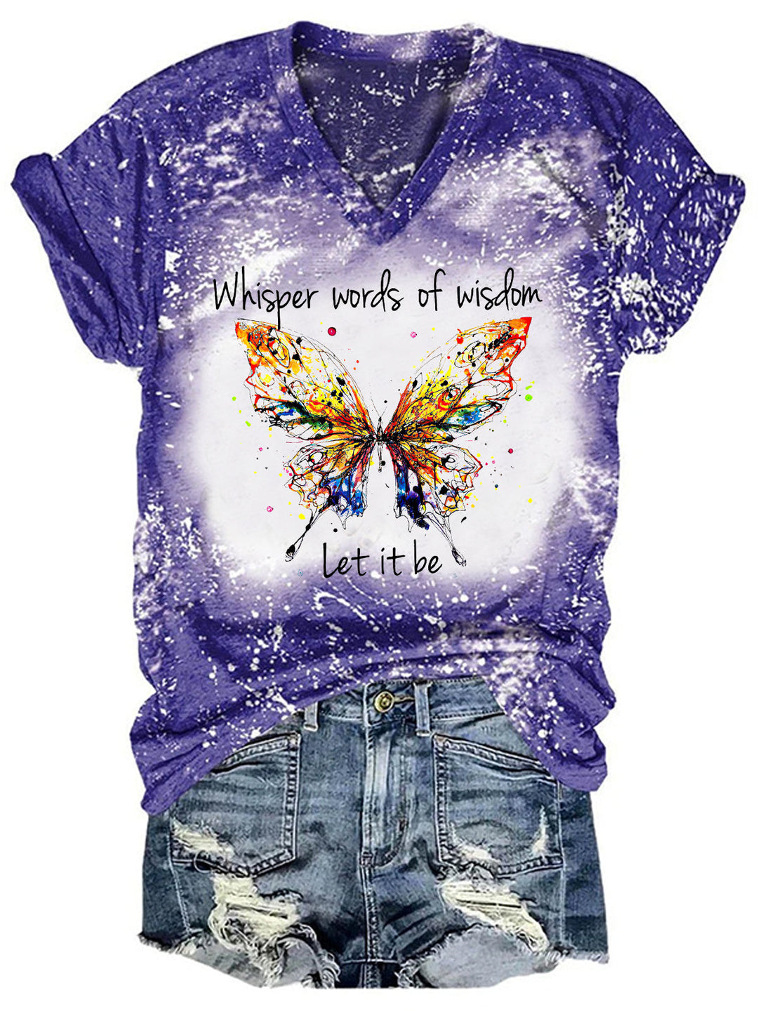 Tie Dye Whisper Words Of Wisdom Let It Be Butterfly V-Neck Shirt