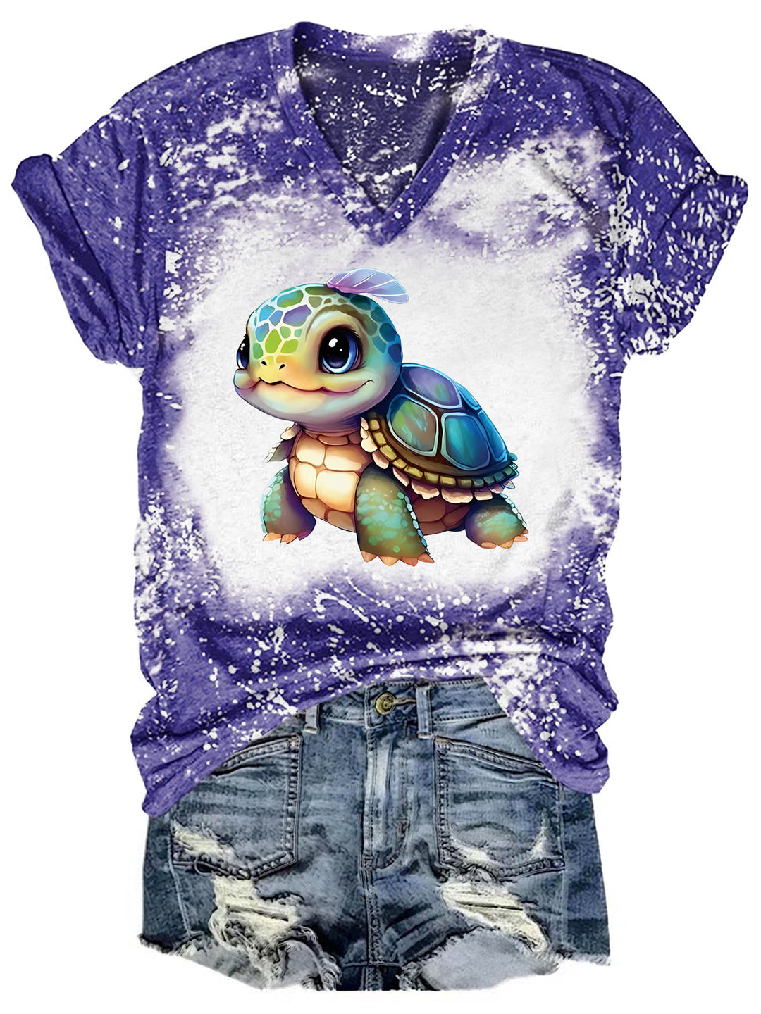 Sea Turtle Print Tie Dye V Neck T-shirt