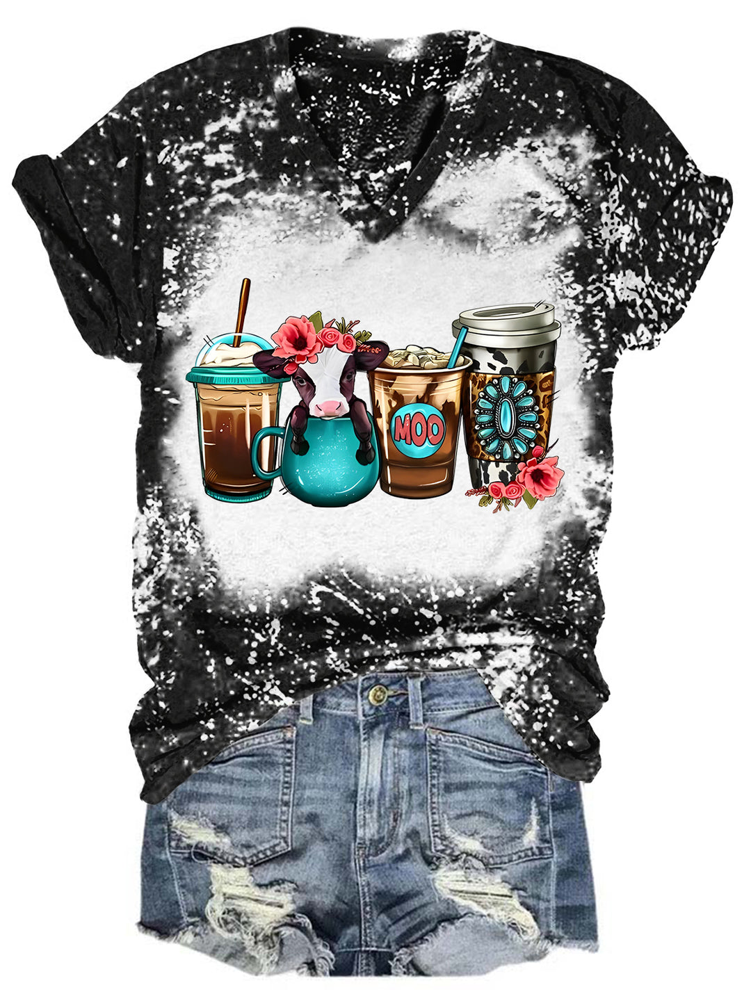 Floral Babe Cow Coffee Drink Tie Dye V Neck T-shirt