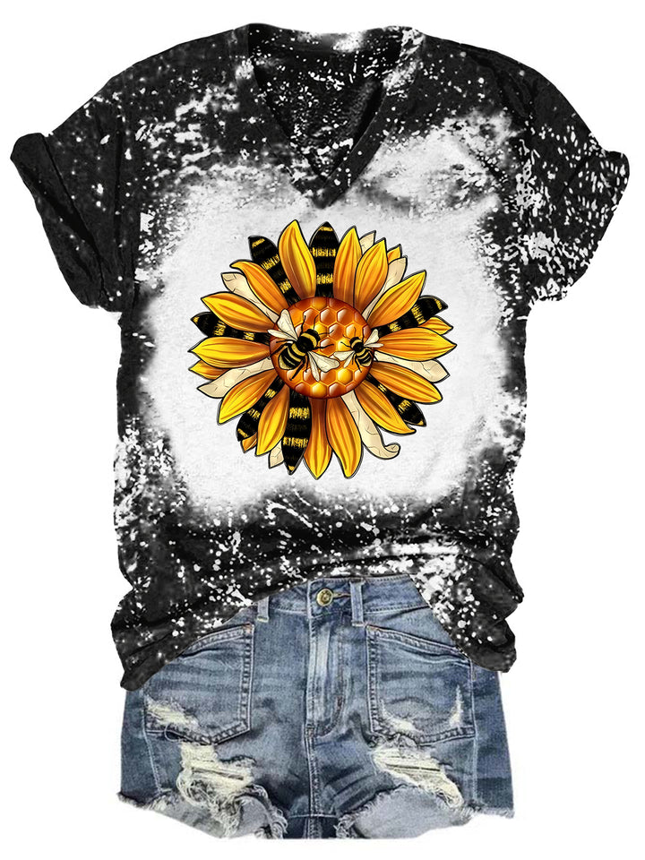 Bee Sunflower Tie Dye V Neck T-shirt