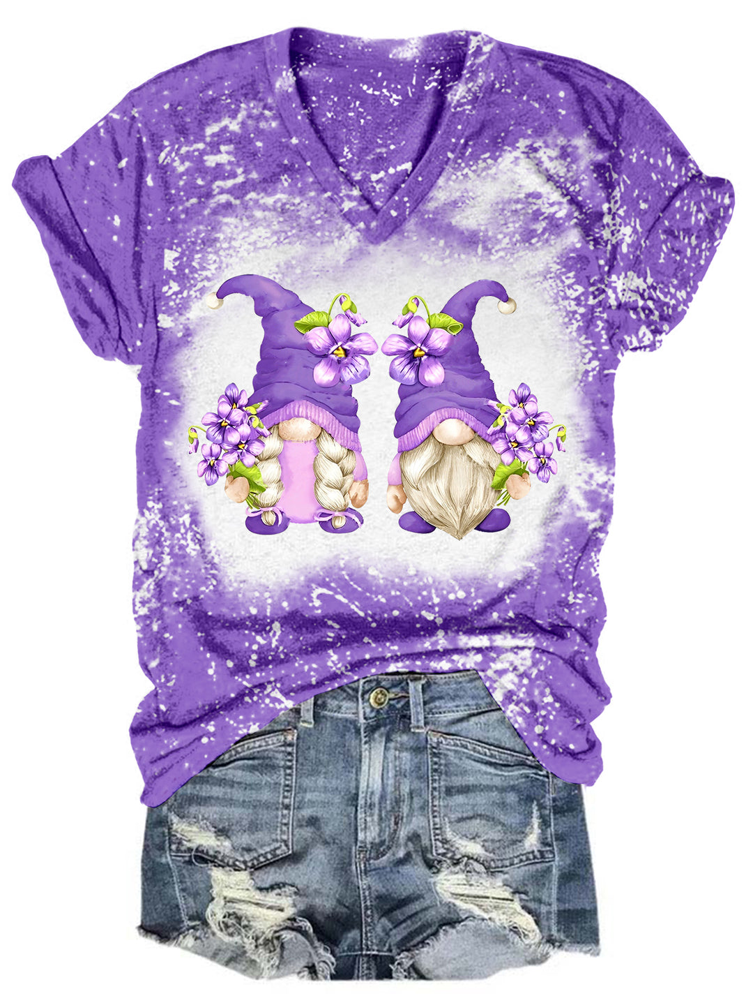 Violet Flower Gnomes Tie Dye V Neck T-shirt