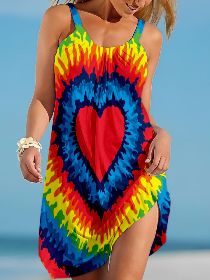 Heart Color Tie Dye Print Sleeveless Dress