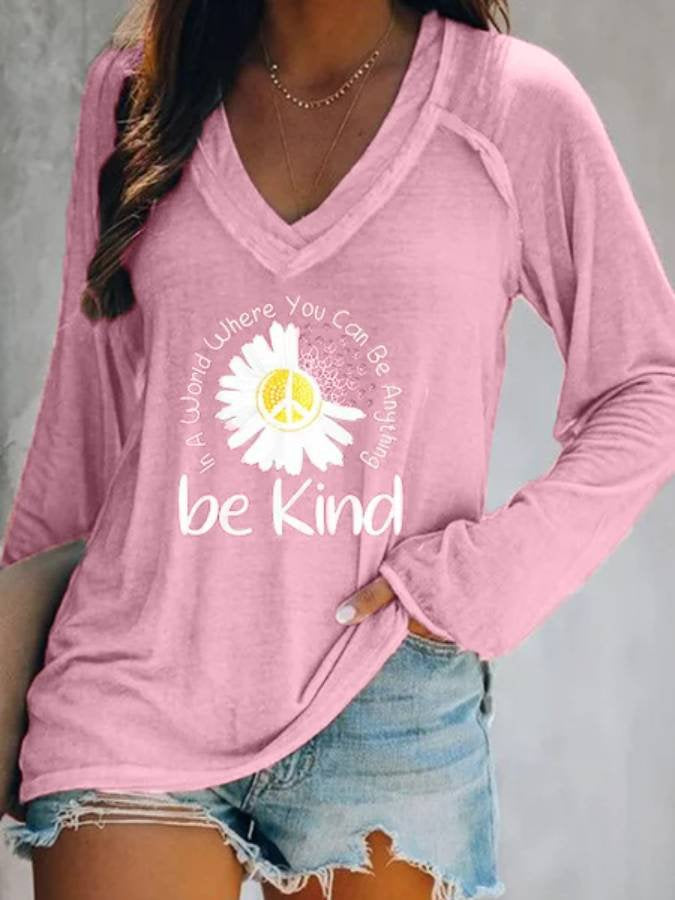 Be Kind V neck Long Sleeve Daisy Printed Shirt