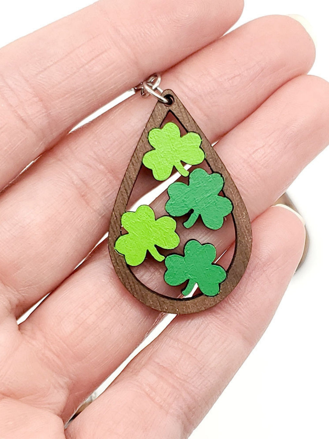 Shamrock Water Drop Wooden Earrings