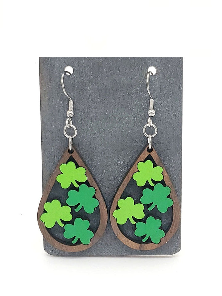 Shamrock Water Drop Wooden Earrings