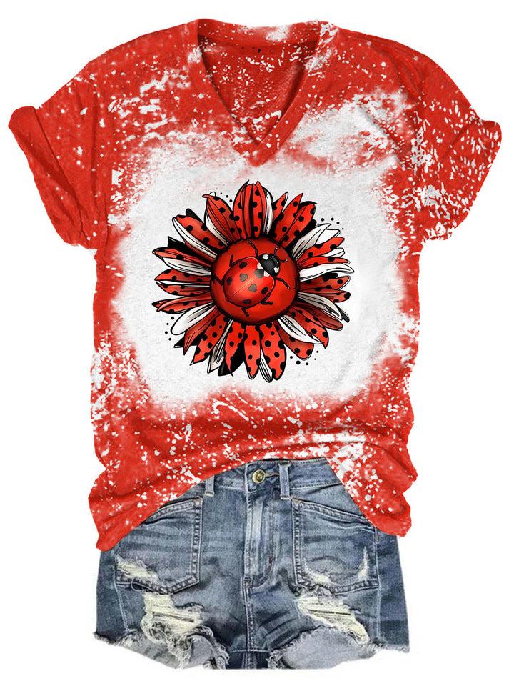 Ladybug Sunflower Bleaching V Neck T-shirt