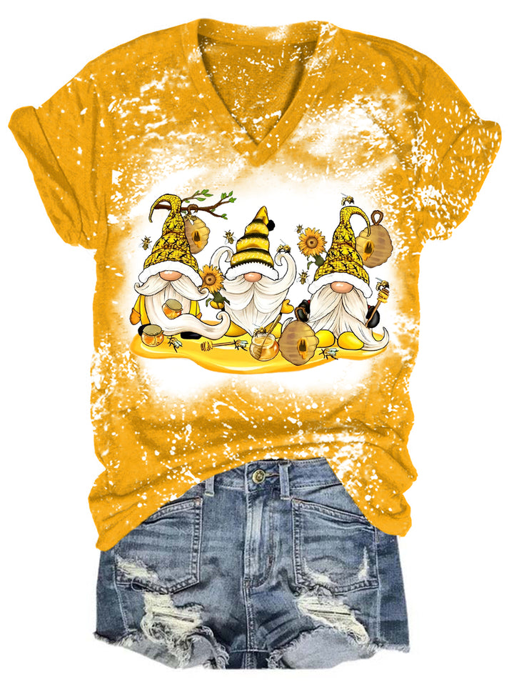 Sunflower Bee Gnome Bleaching V Neck T-shirt