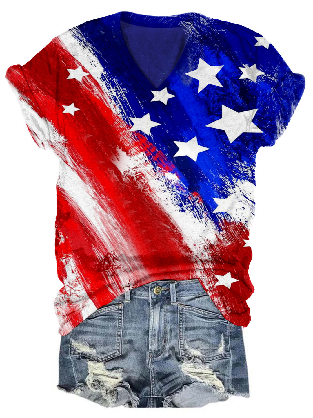 USA Flag Print V Neck T-shirt
