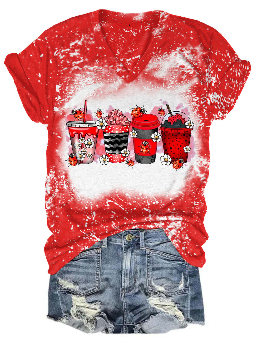 LadyBug Coffee Drink Bleaching V Neck T-shirt