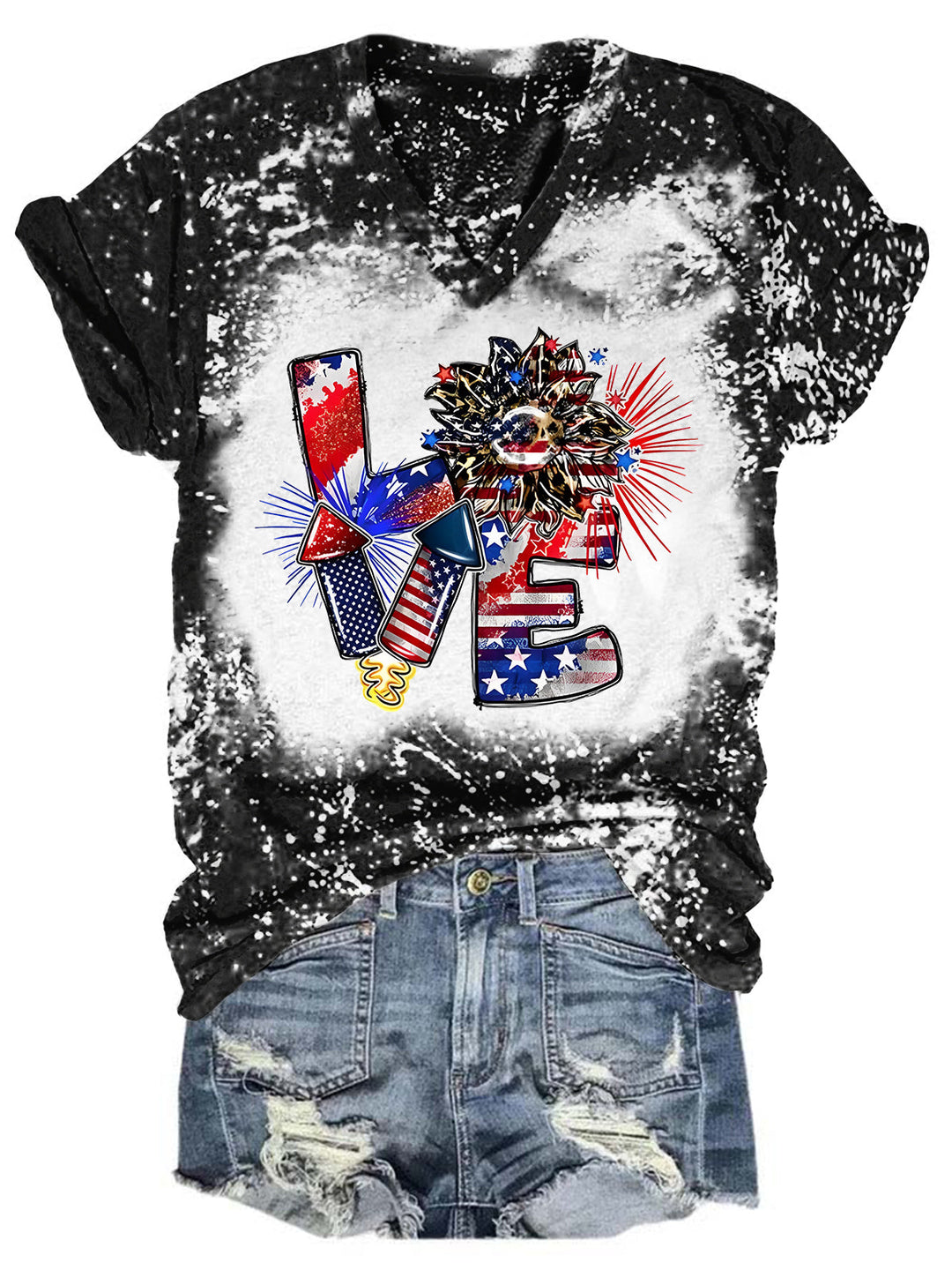 Love American Flag Sunflower Bleaching V Neck T-shirt