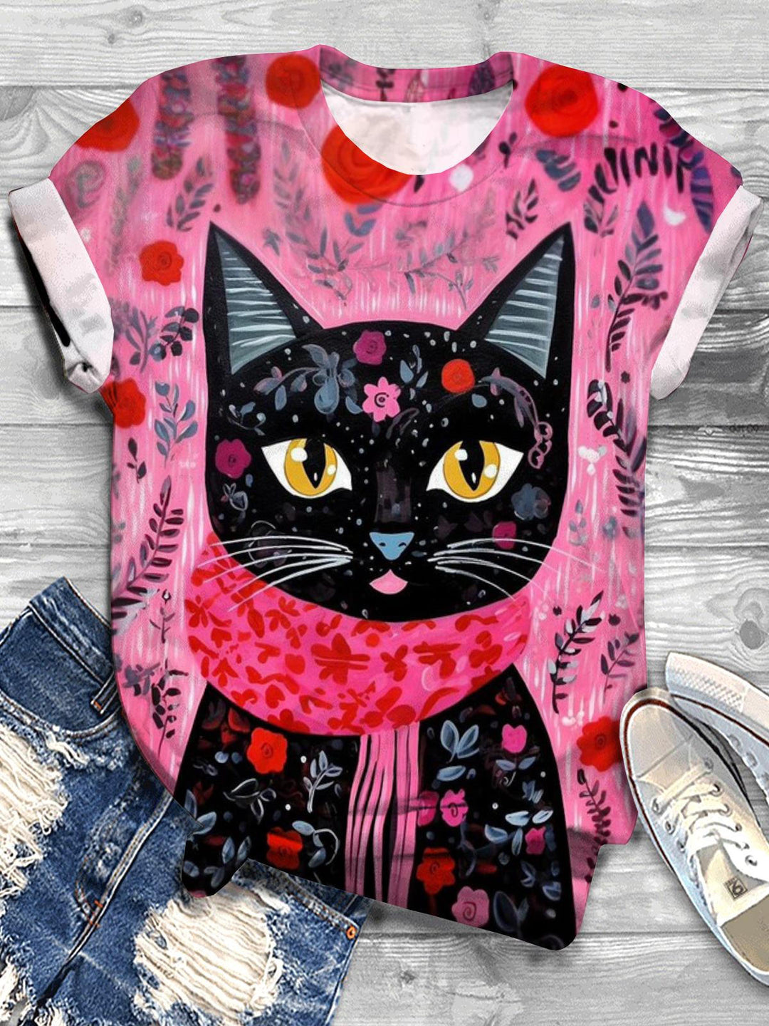 Women's Floral Cat Print Crew Neck T-shirt