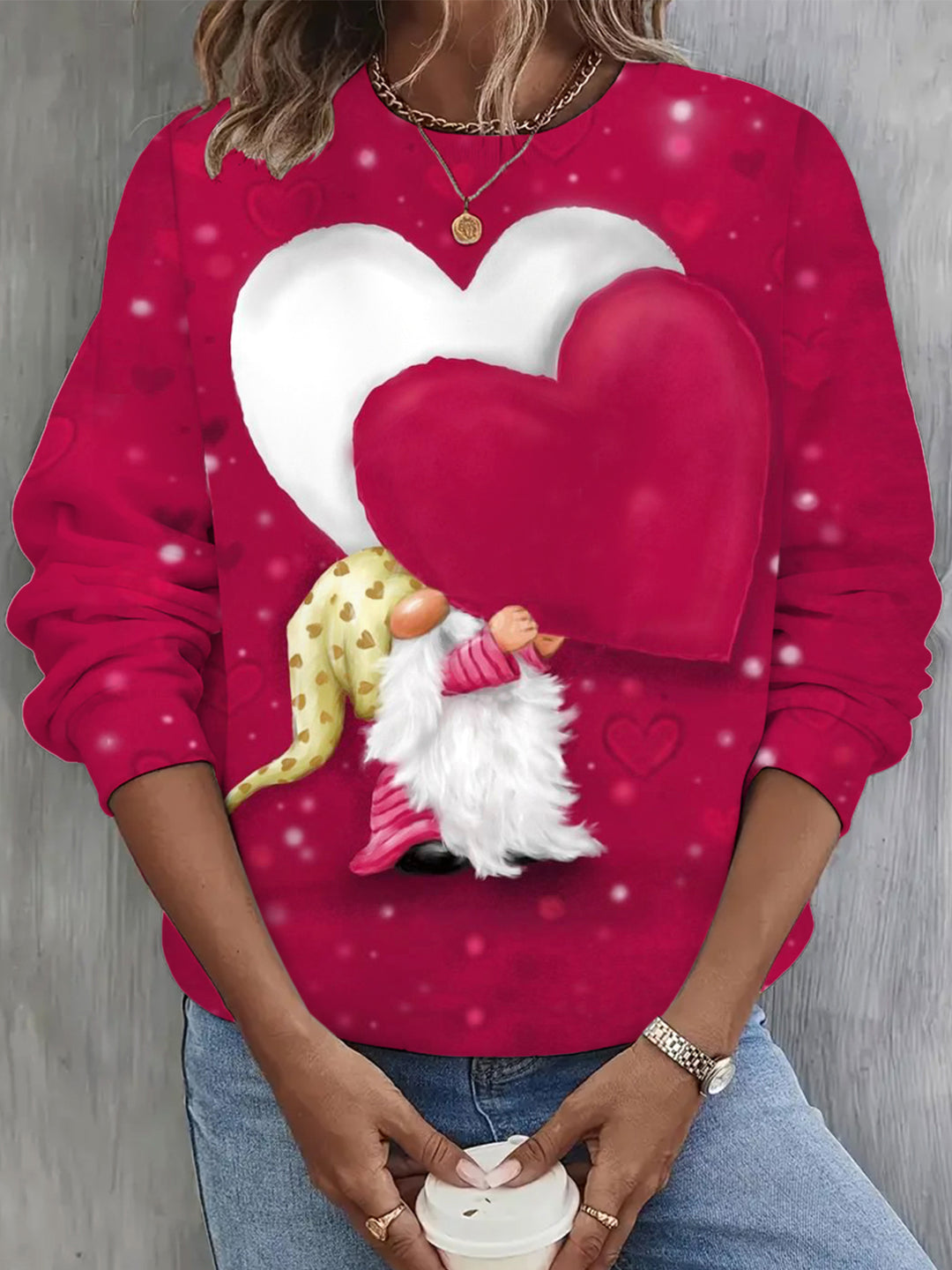 Valentine Gnome with Heart Print Long Sleeve Casual Top