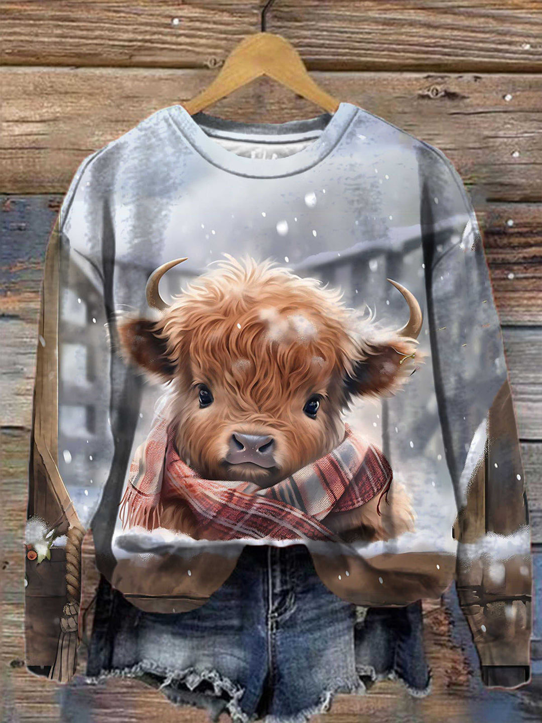 Winter Highland Cow Print Crew Neck Top