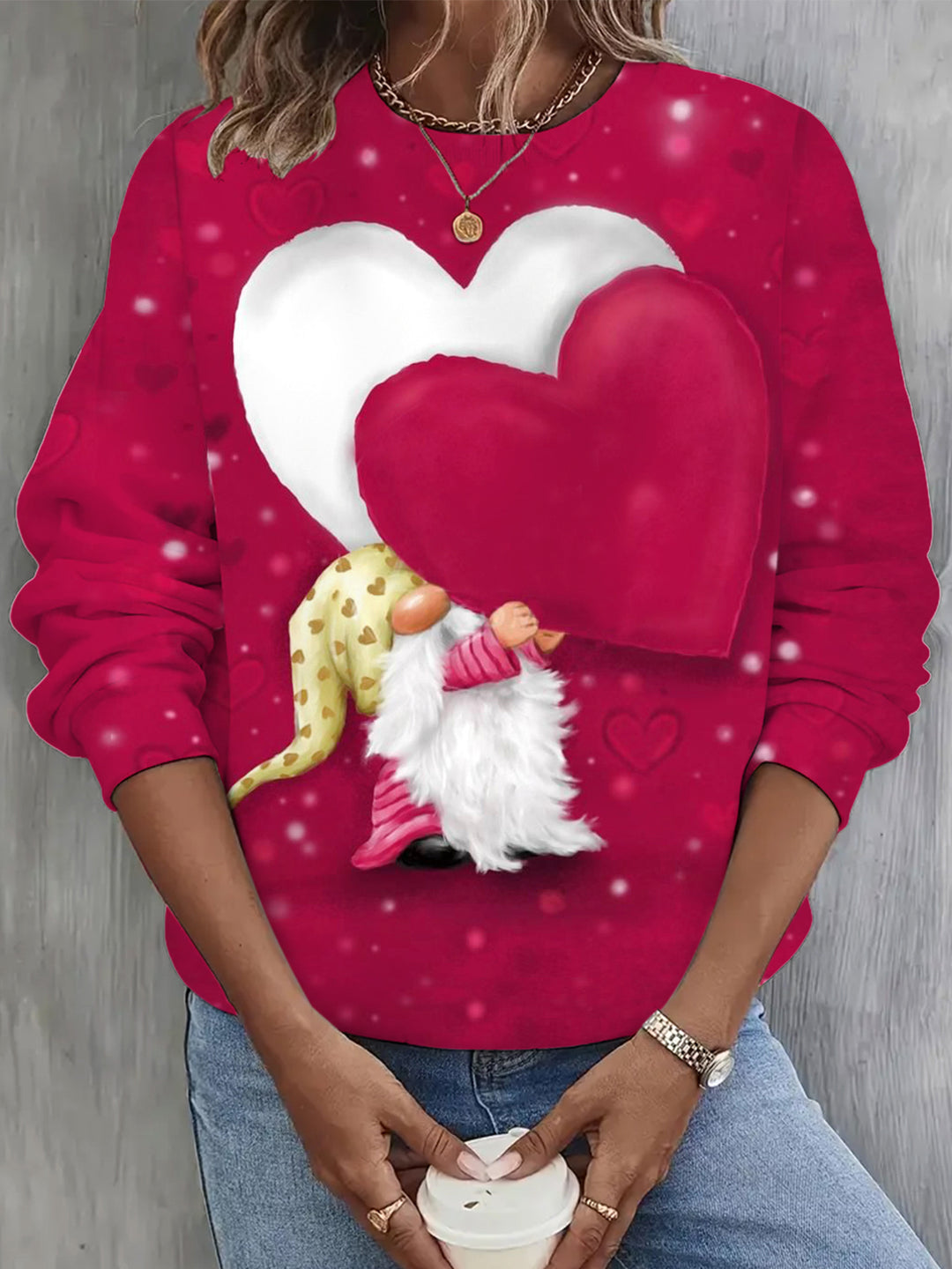 Valentine Gnome with Heart Print Long Sleeve Casual Top