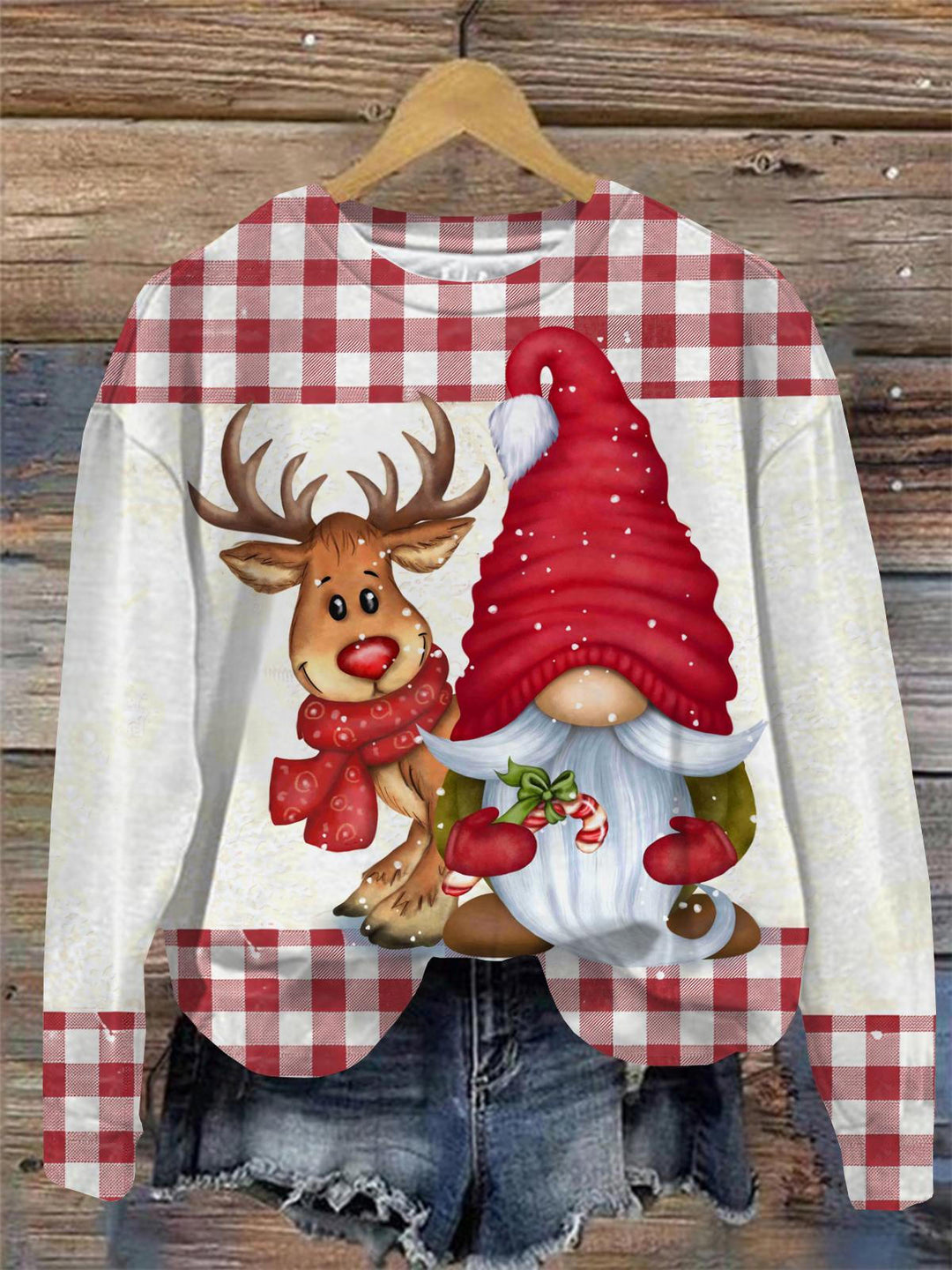 Deer and Gnome Christmas Print Round Neck Long Sleeve Top