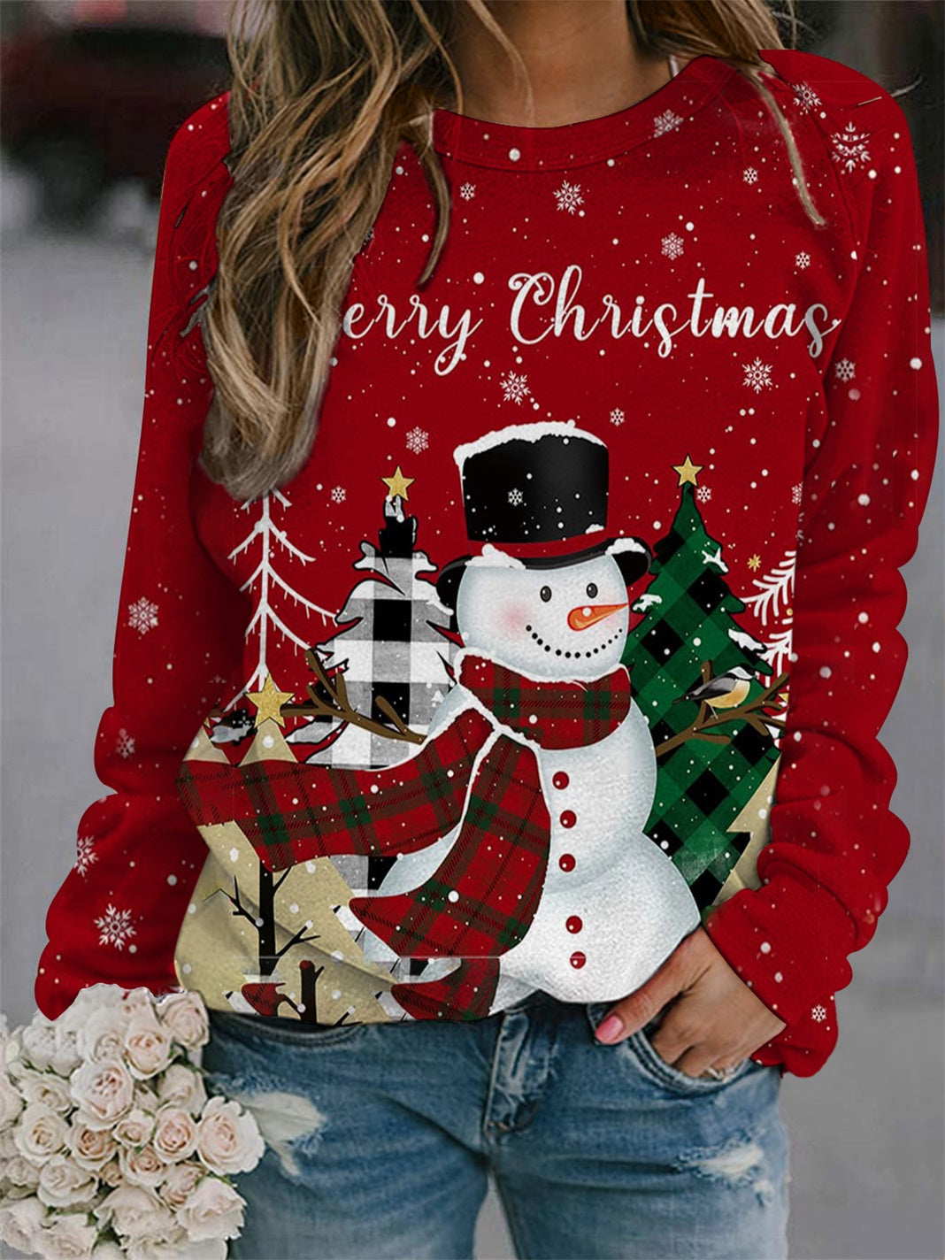 Merry Christmas Snowman Raglan Long Sleeve Top