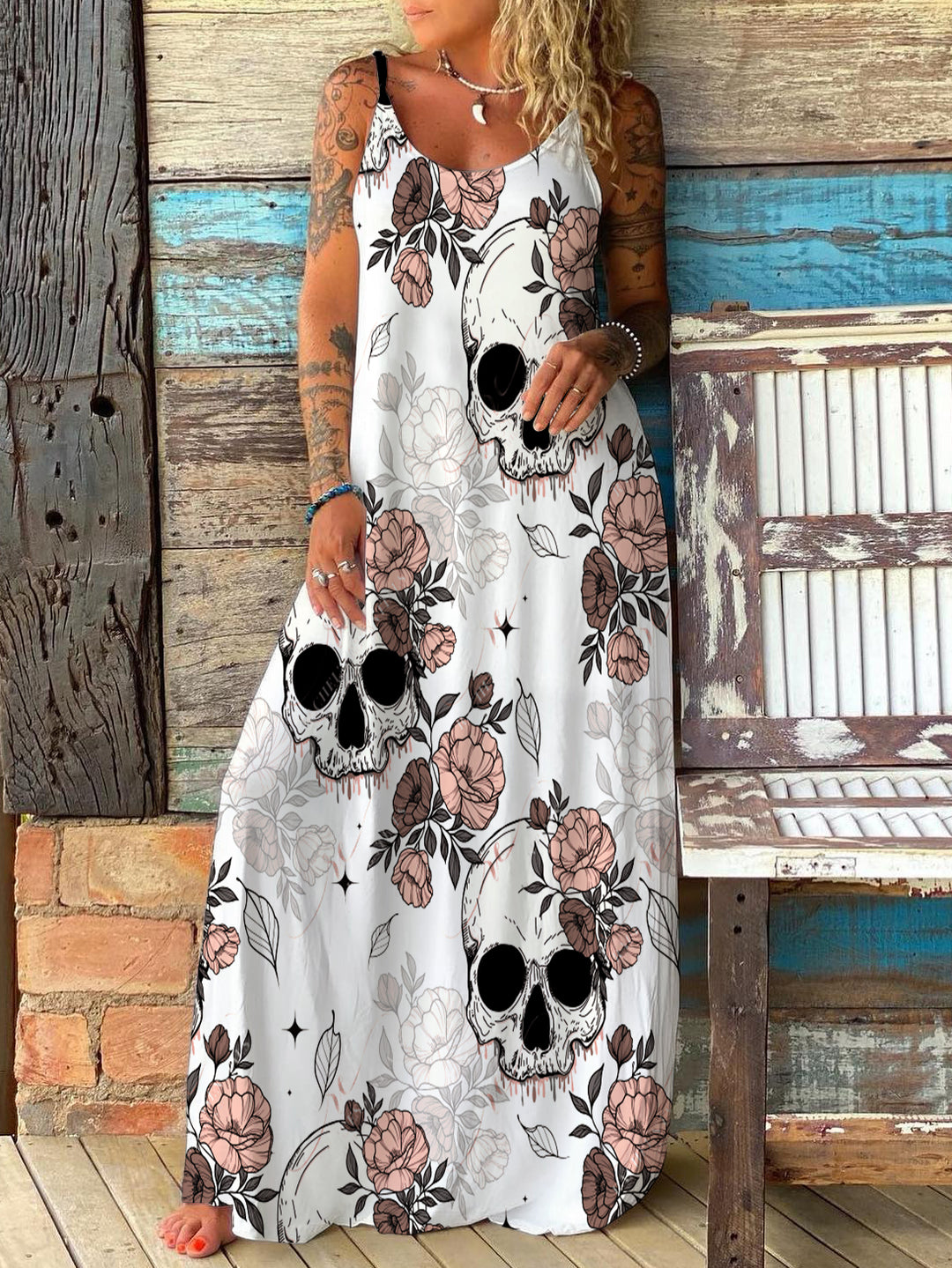 Floral Skull Print Maxi Dress