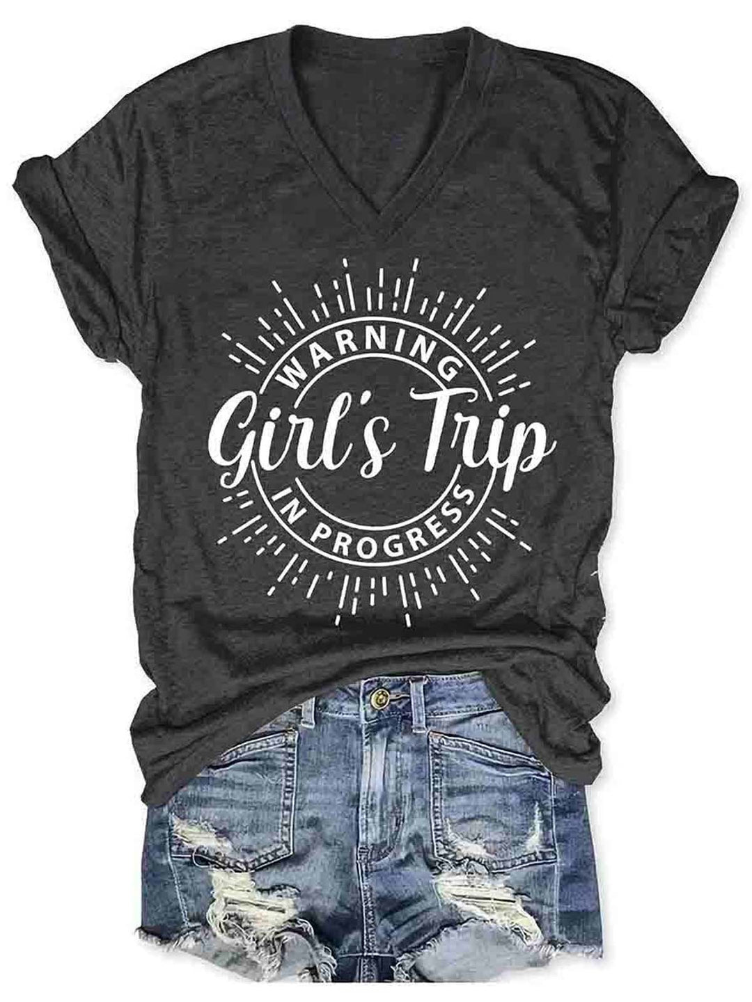 Warning Girl's Trip In Progress V Neck Cotton Blends Shirts & Tops