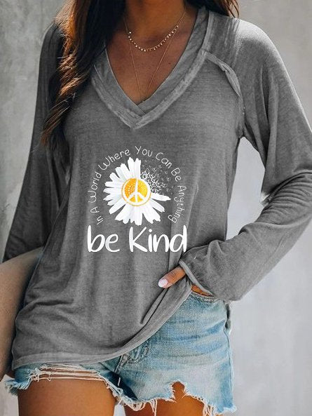 Be Kind V neck Long Sleeve Daisy Printed Shirt