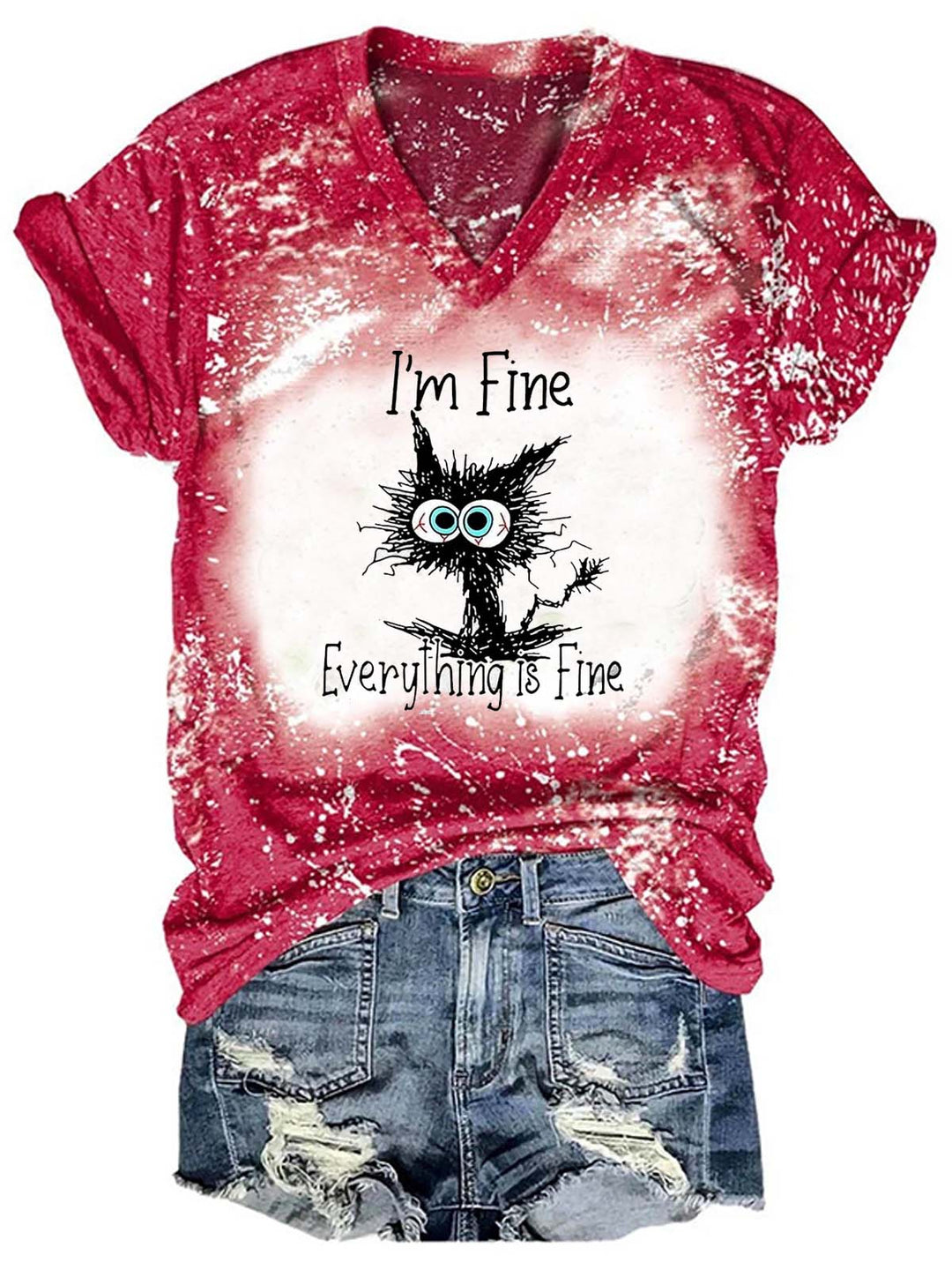 I Am Fine Everything Is Fine Cat Print Tie Shirts&Tops