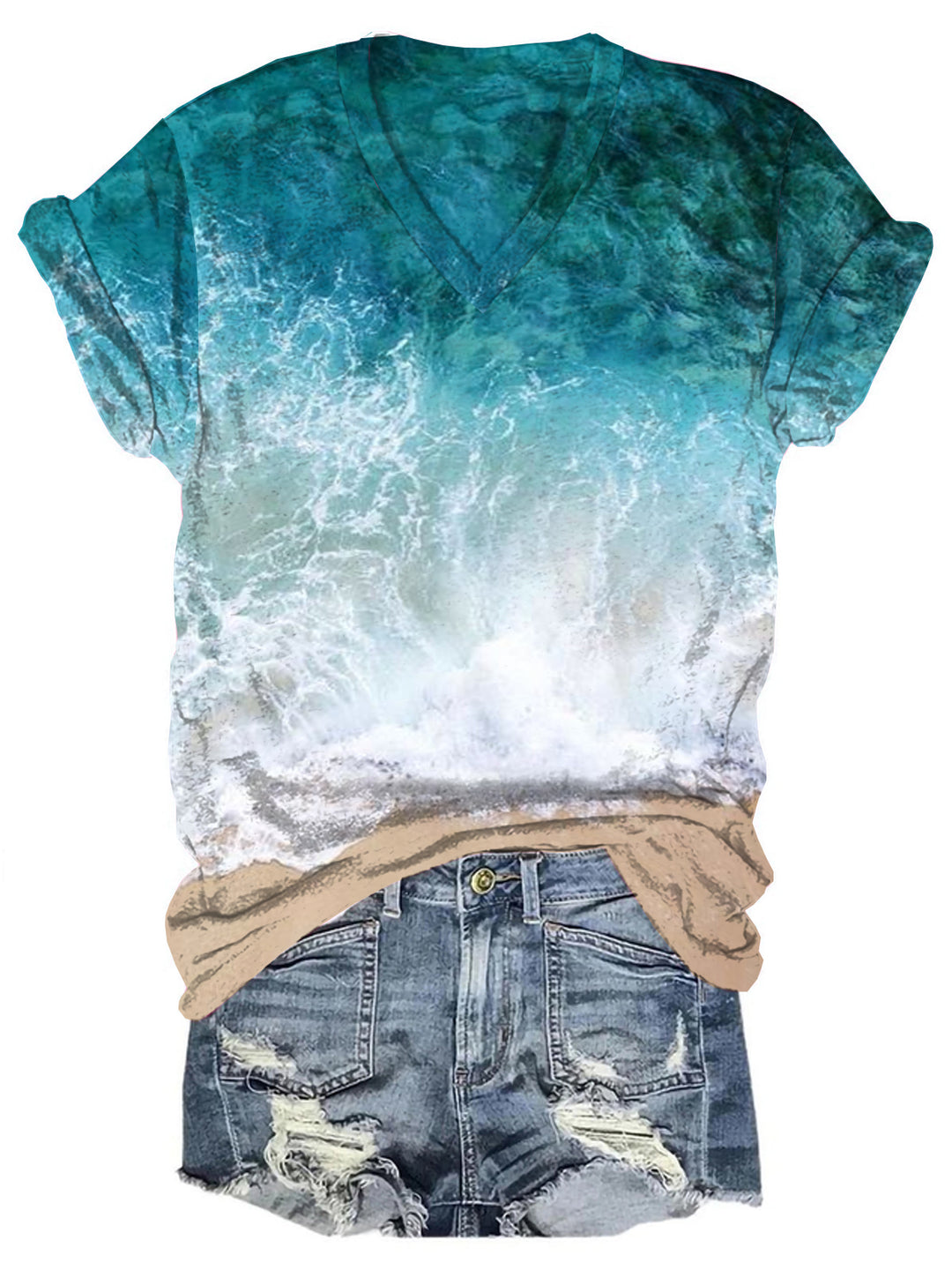 Sea Print V Neck T-shirt
