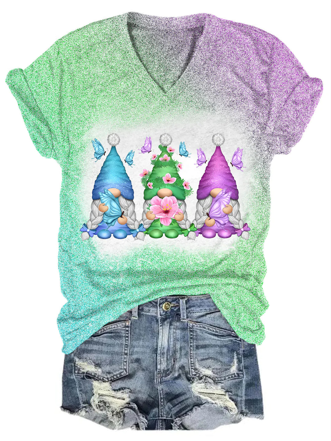 Gnome Gradient Glitter V Neck T-shirt