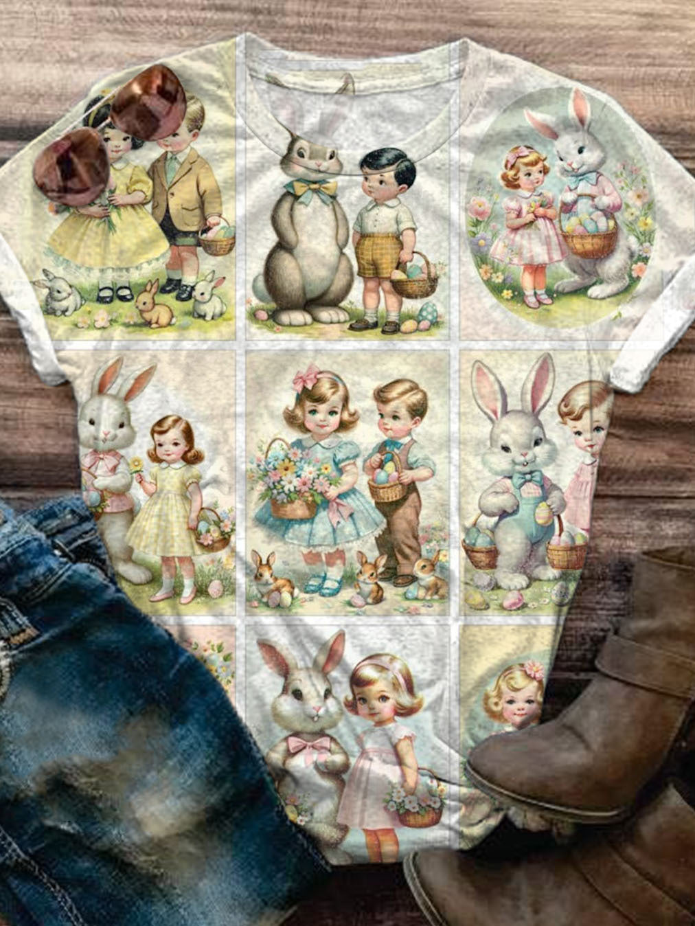 Vintage Easter Bunny Print Short Sleeve Crew Neck T-Shirt