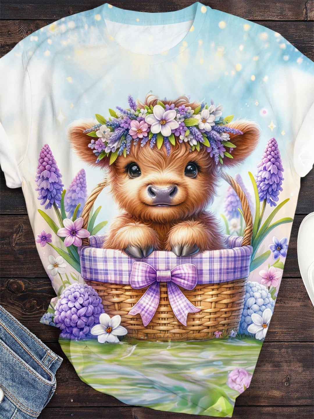Highland Cow Hyacinth Flowers Print Crew Neck T-shirt