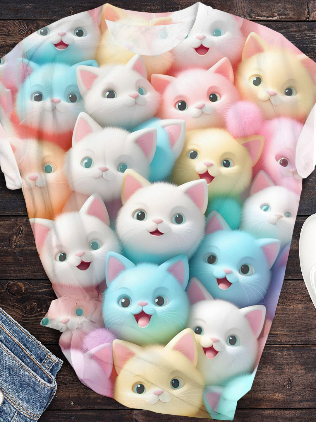 Cute Cat Print Crew Neck T-shirt