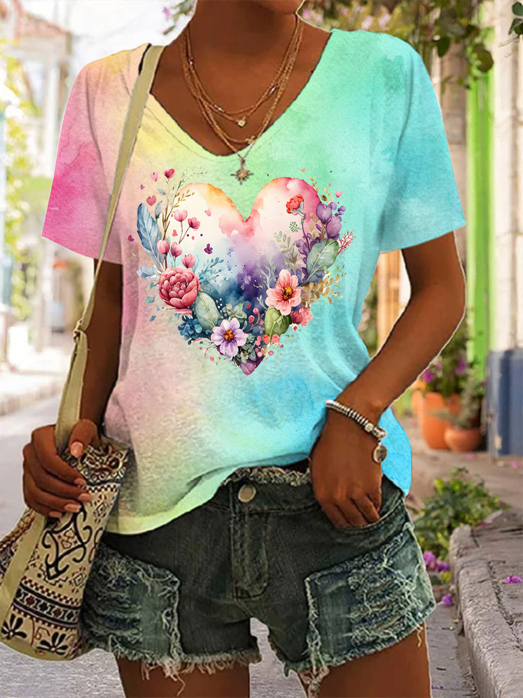 Women's Floral Heart Print V-Neck Top