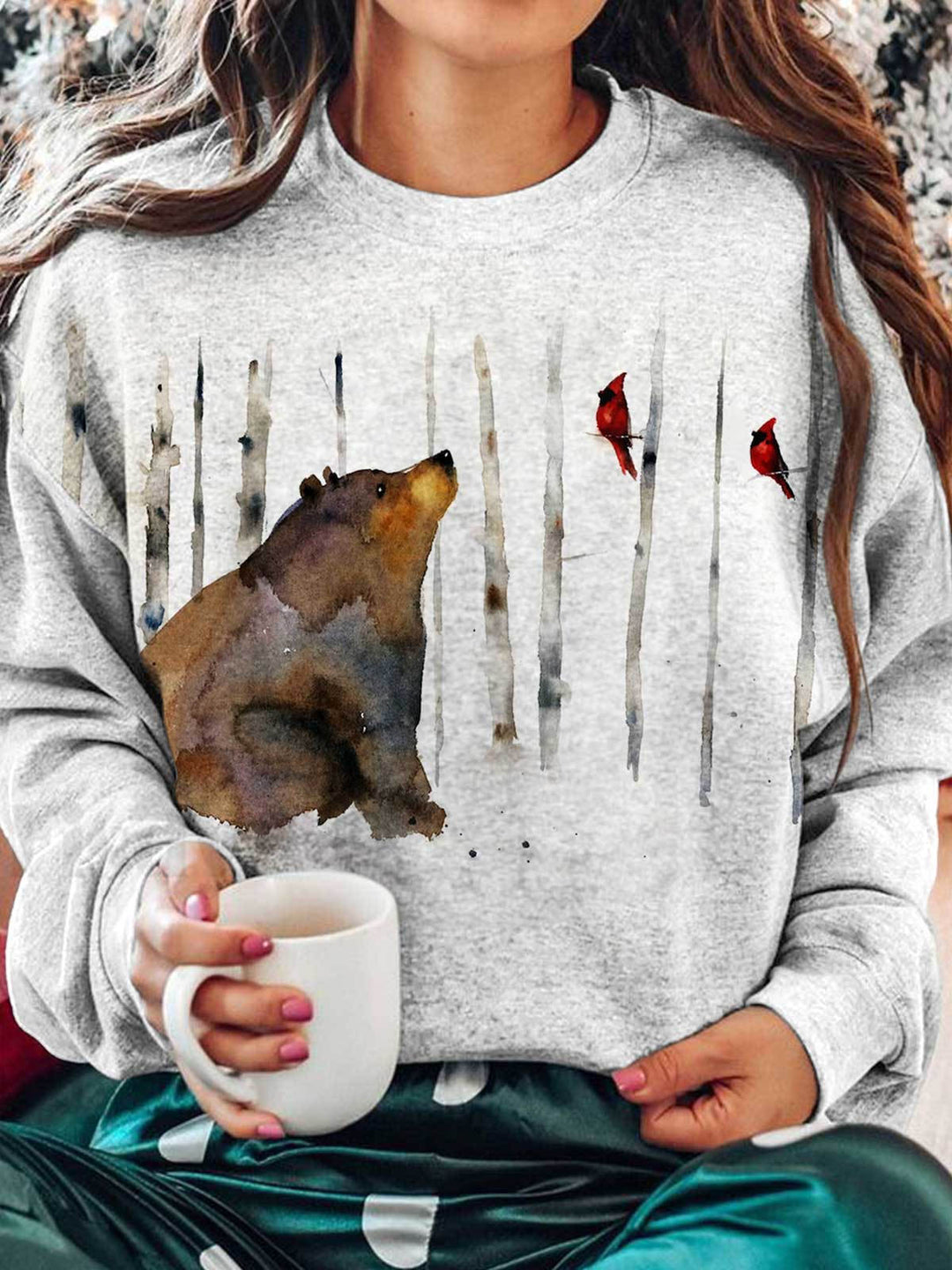 Women's Winter Bear Red Bird Print Long Sleeve Top