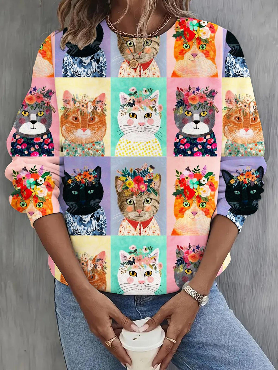 Floral Funny Cat Print Casual Top