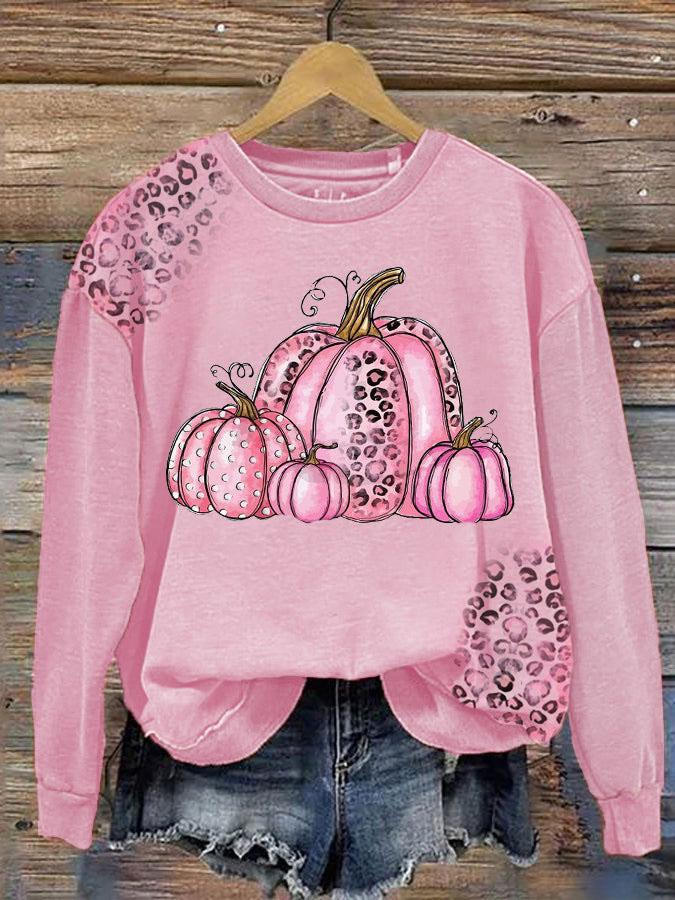 Women's Pink October Halloween Pumpkin Round Neck Top
