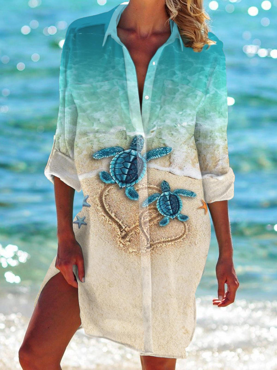 Beach Heart Turtles Long Sleeve Beach Shirt Dress