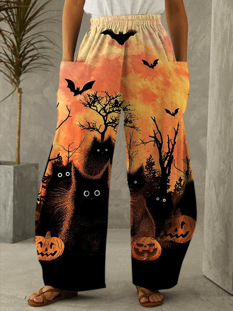 Cats Halloween Pumpkin Print Casual Pants