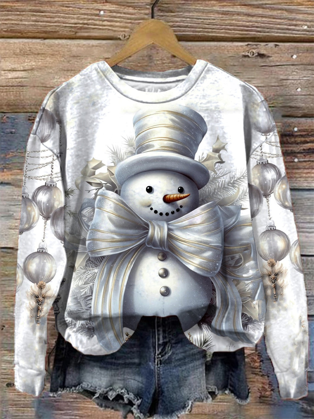 Women's Silver Christmas Snowman Print Long Sleeve Top