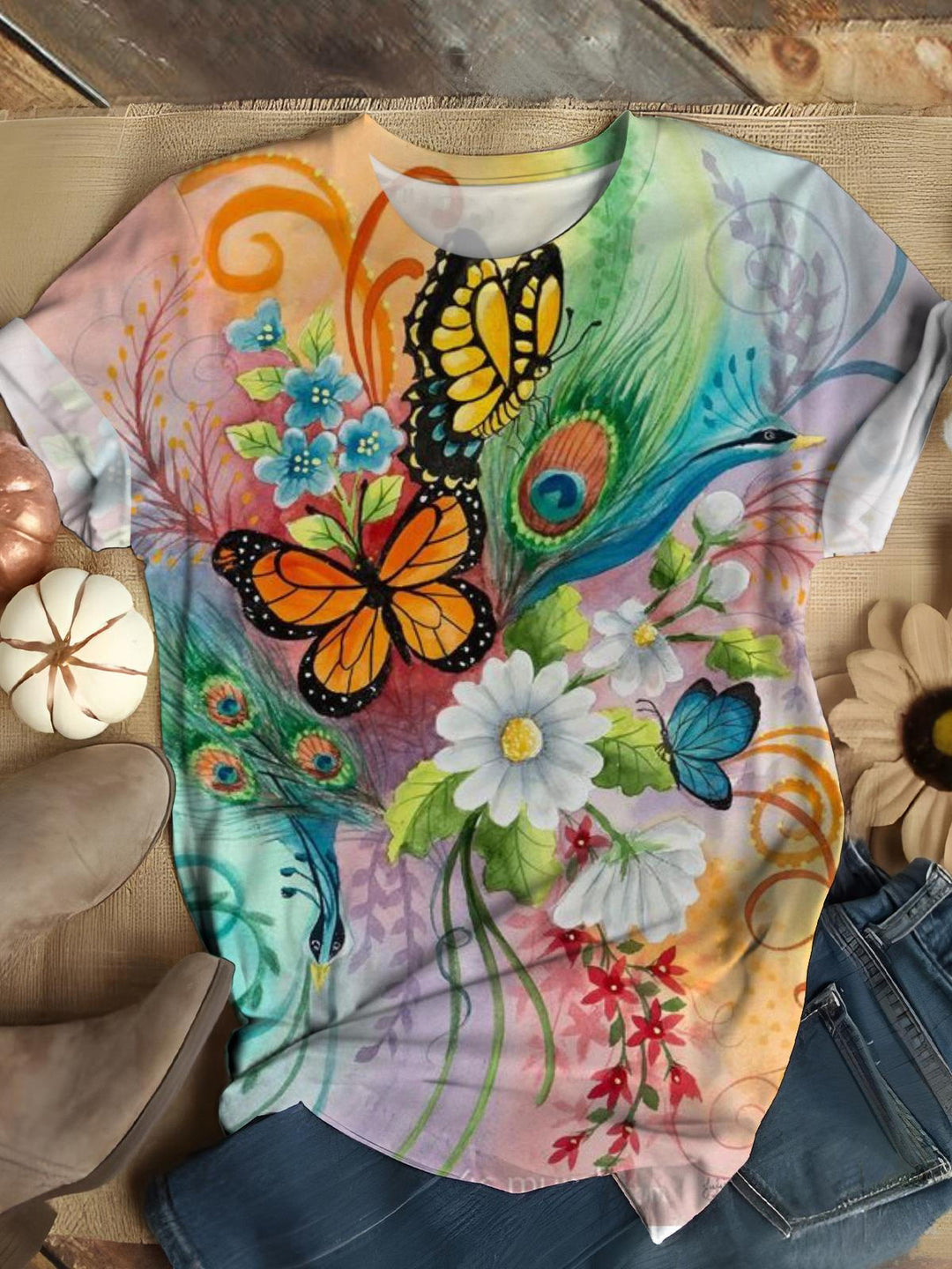 Flower Butterfly Peacock Crew Neck T-shirt