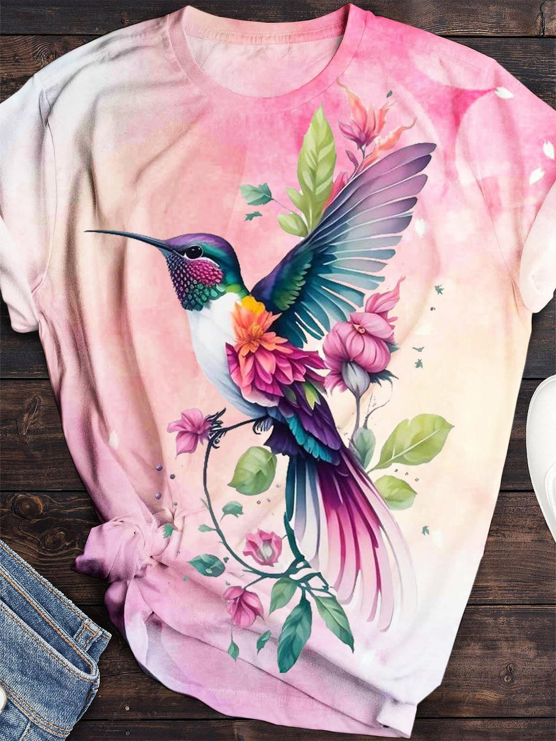 Floral Hummingbird Print Crew Neck Top