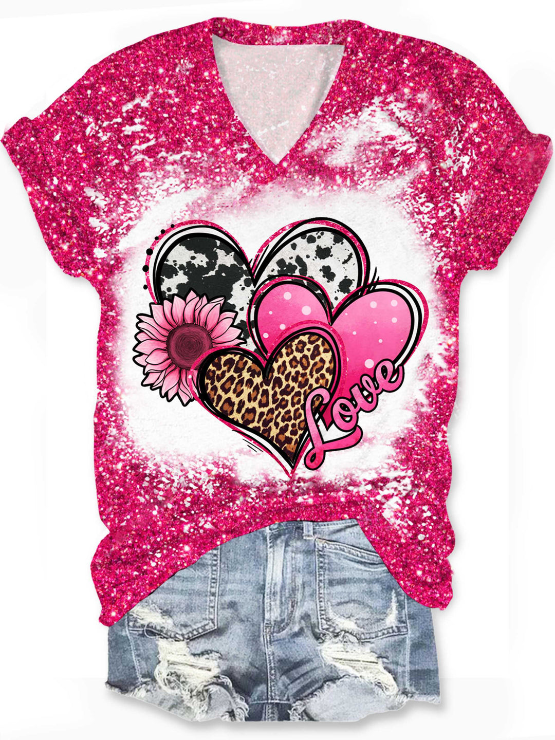 Valentine's Day Western Hearts Print V Neck T-Shirt