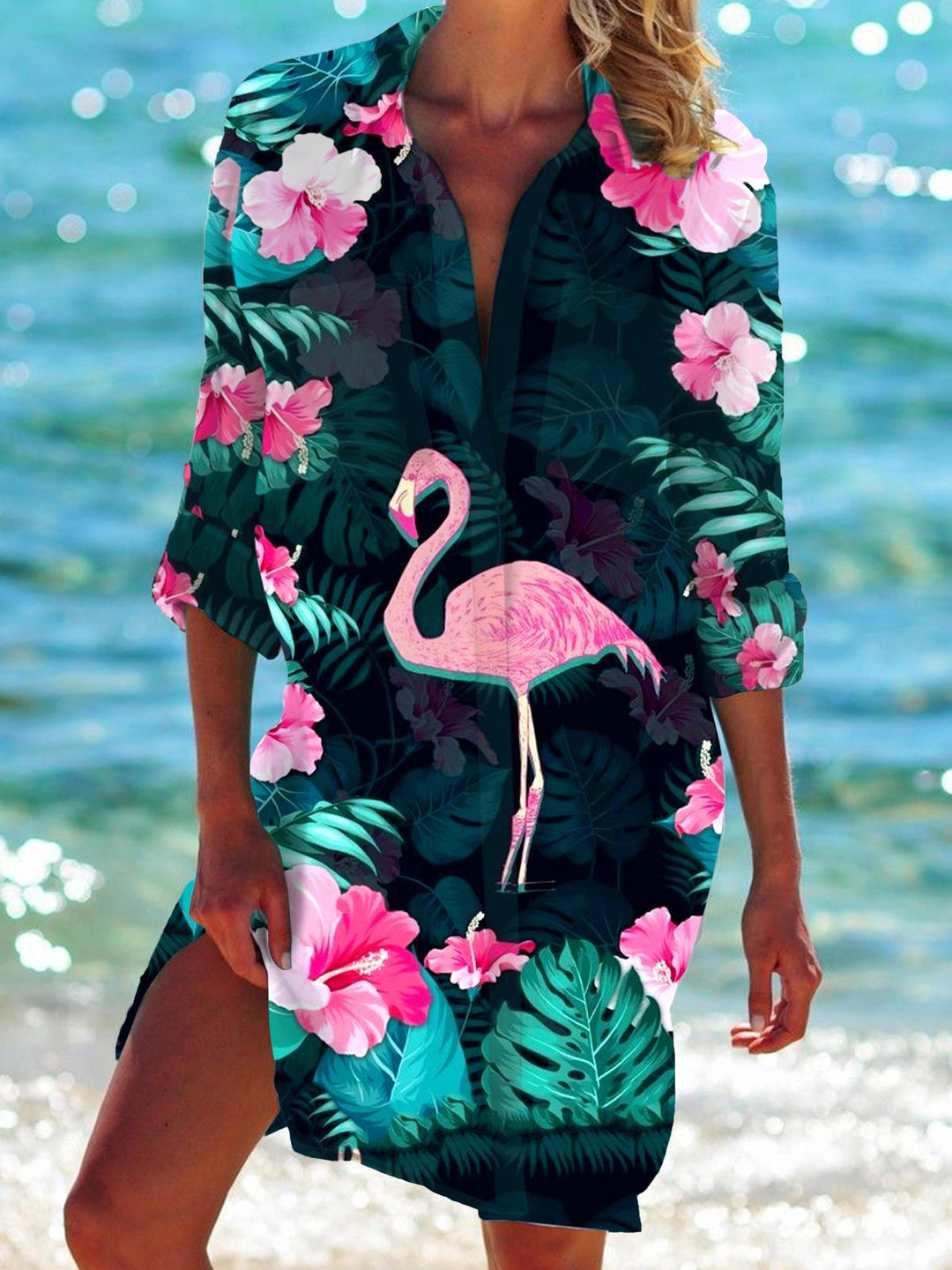 Hawaiian Flamingo Floral Long Sleeve Beach Shirt Dress