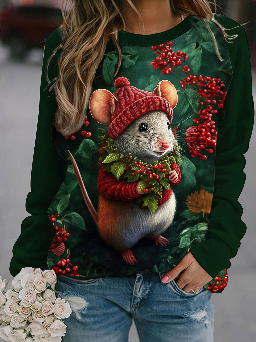 Women's Christmas Funny Mouse Print Long Sleeve Top