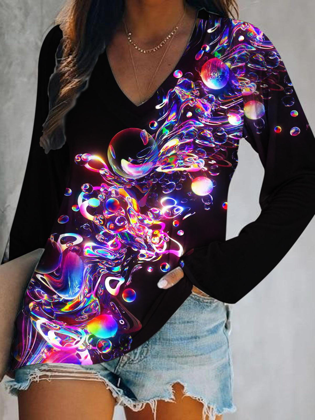 Women's Abstract Print Long Sleeve V-Neck Top