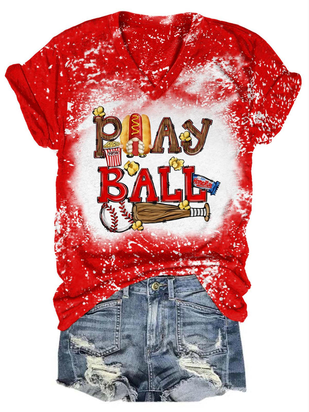 Play Ball Gnome Print Tie Dye V Neck T-Shirt