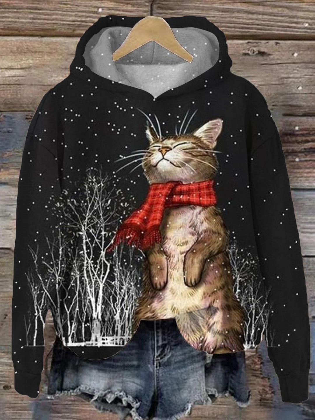 Winter Cat Long Sleeve Printed Hoodie