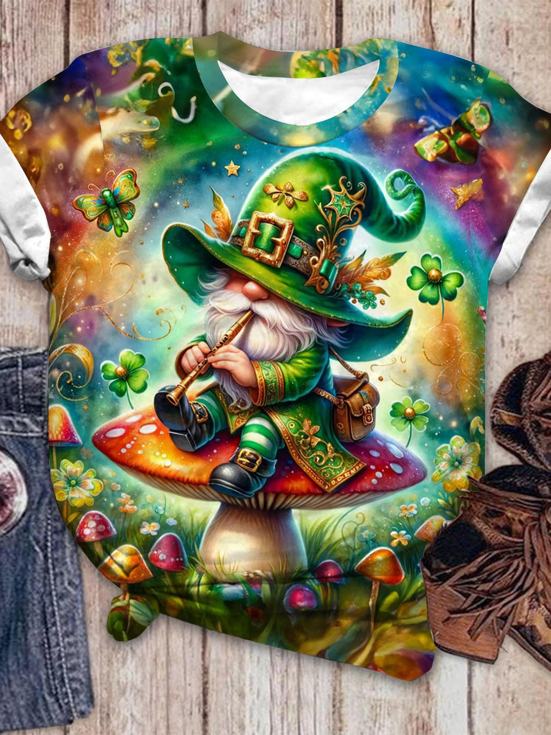 St. Patrick Mushroom Gnome Crew Neck T-shirt