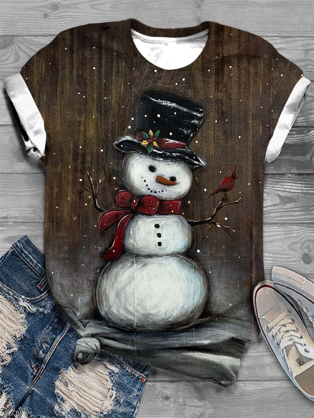 Women's Retro Snowman Print Crew Neck T-Shirt