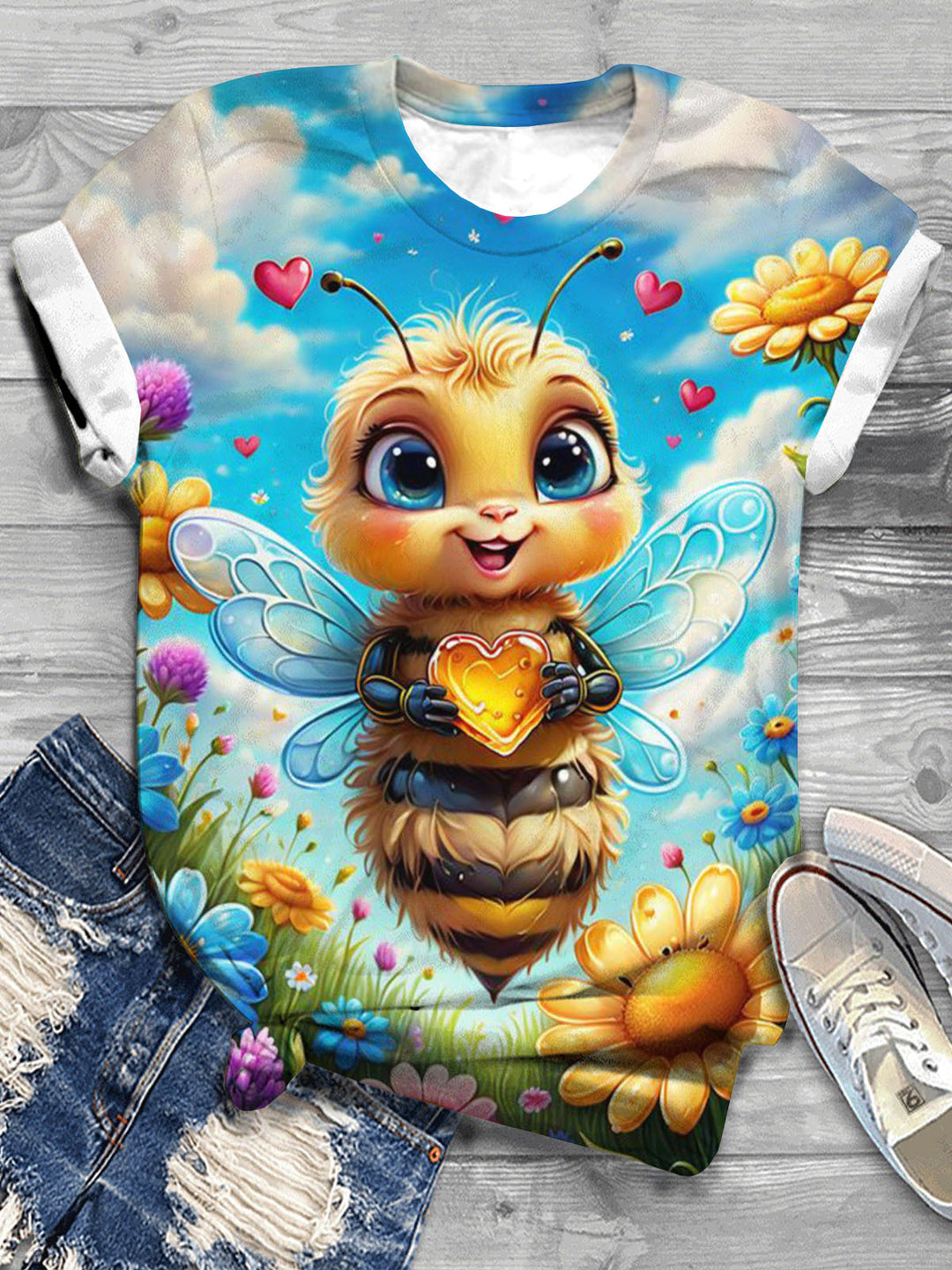 Spring Floral Bee Print Crew Neck T-shirt