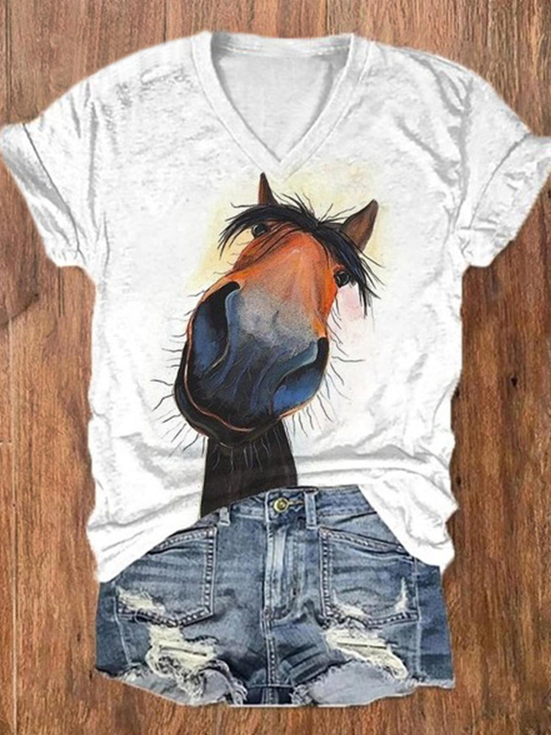 Funny Horse Print V Neck T-Shirt